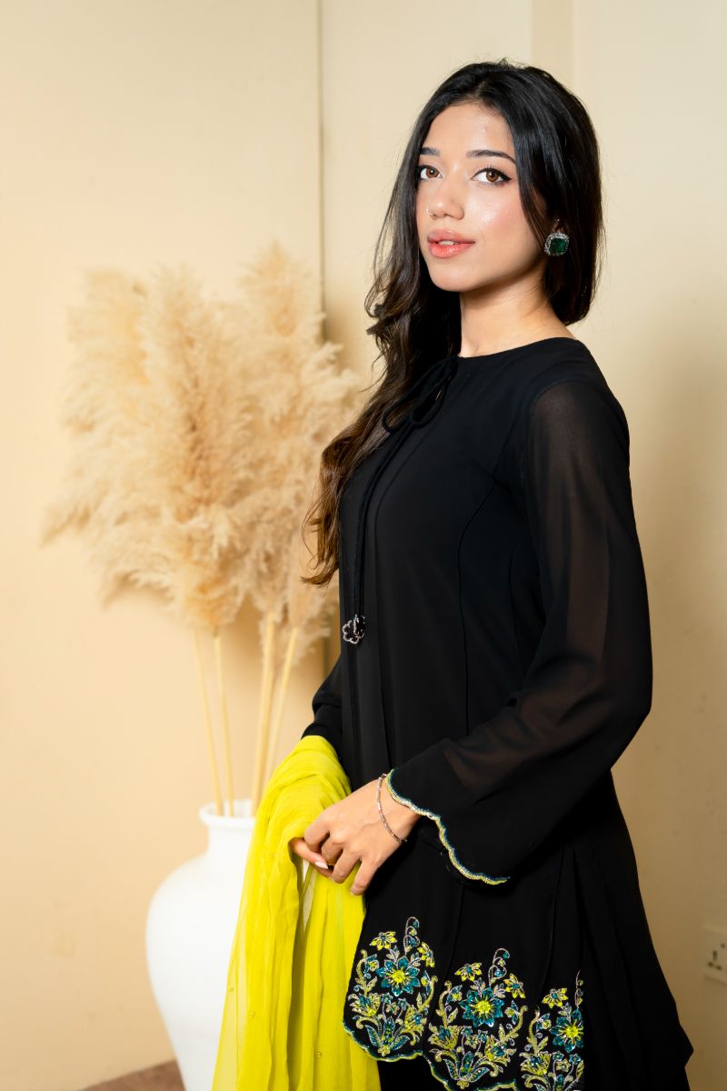 Urooj Atelier - EE-019-25 - black - pure georgette chiffon - 3 Piece