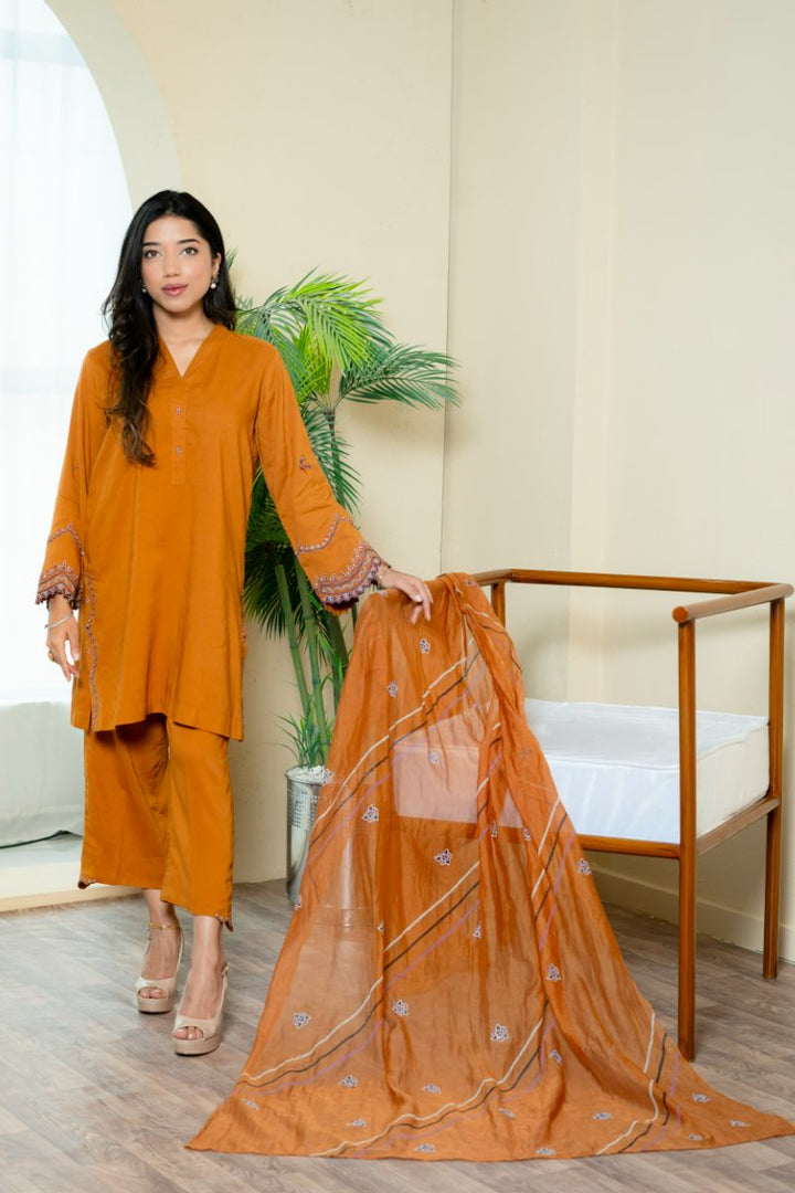 Urooj Atelier - EE-022-25 - rust - Irish & cotton Net - 3 Piece