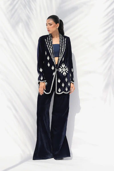 Sania Maskatiya - Eden Charmeuse,Velvet Suit For Women - Midnight Blue 3 Piece