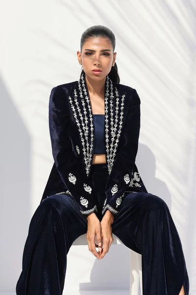 Sania Maskatiya - Eden Charmeuse,Velvet Suit For Women - Midnight Blue 3 Piece