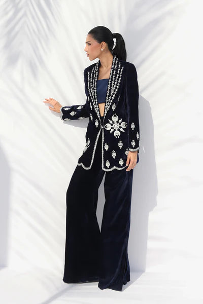 Sania Maskatiya - Eden Charmeuse,Velvet Suit For Women - Midnight Blue 3 Piece