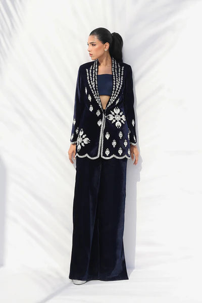 Sania Maskatiya - Eden Charmeuse,Velvet Suit For Women - Midnight Blue 3 Piece