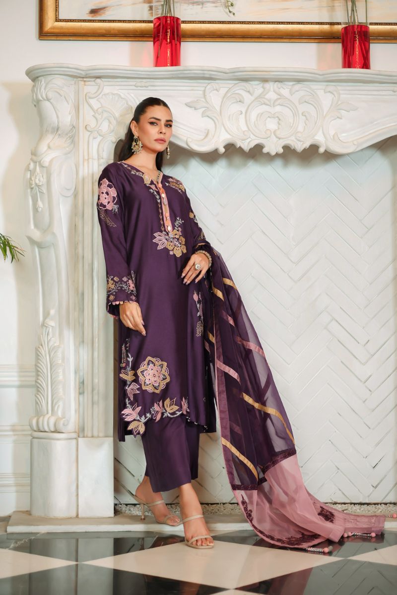 Reema Ahsan - Elna - Khadi Silk & Organza - Purple - 3 Piece