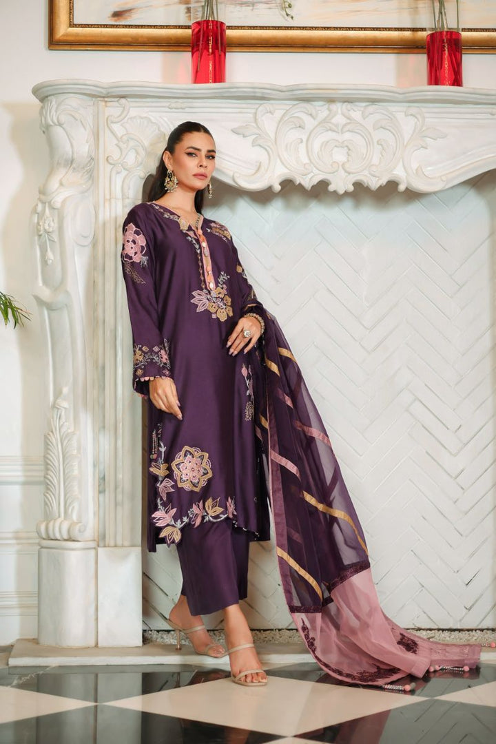 Reema Ahsan - Elna - Khadi Silk & Organza - Purple - 3 Piece