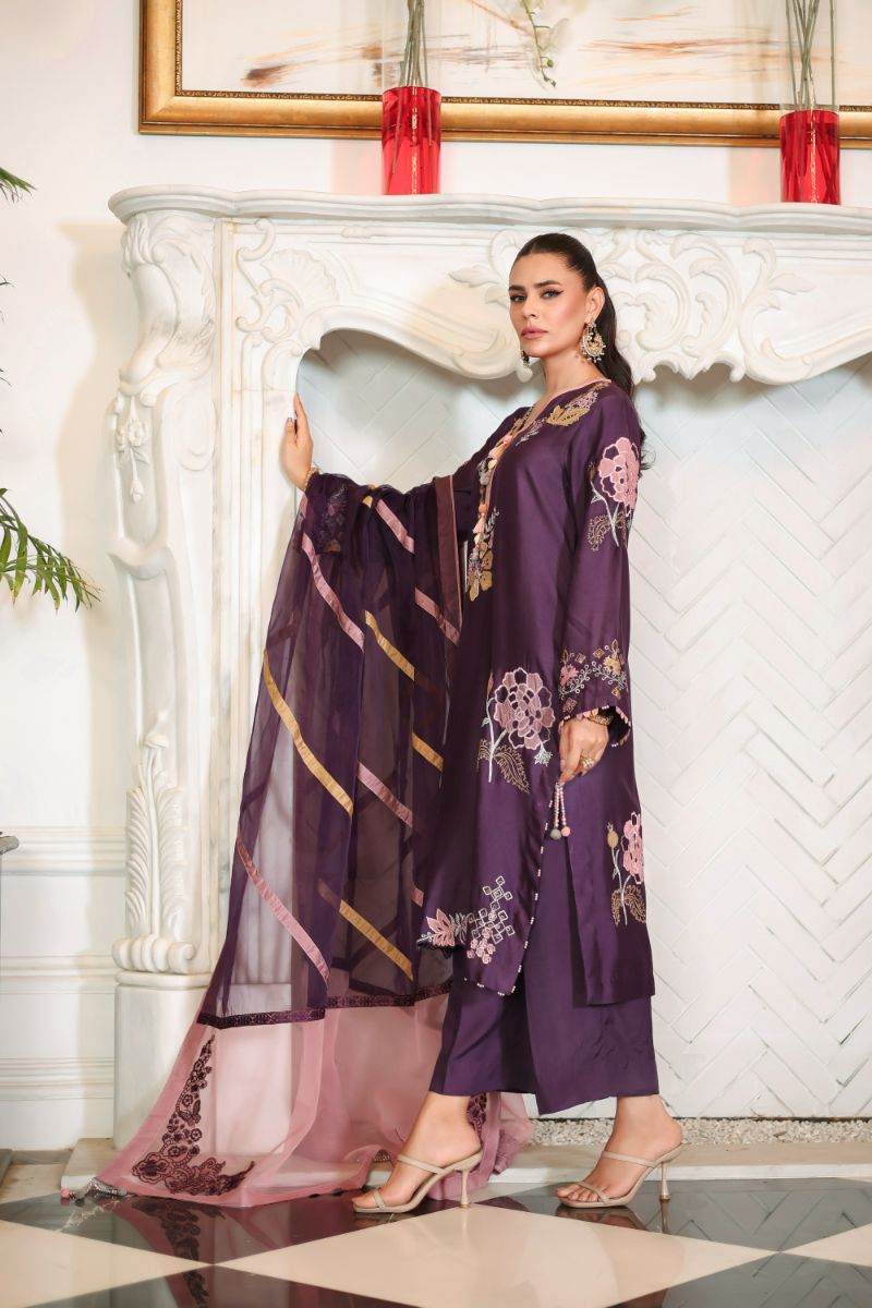 Reema Ahsan - Elna - Khadi Silk & Organza - Purple - 3 Piece