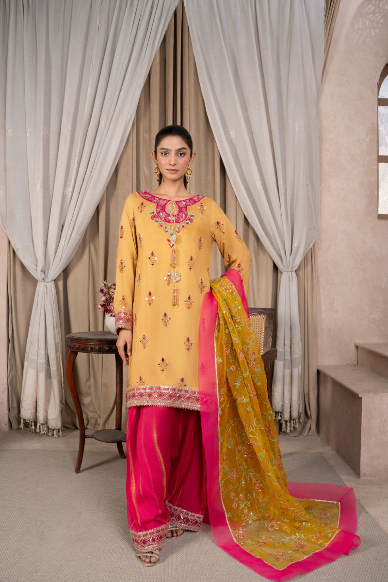 Reema Ahsan - Faiza - Viscose & Organza - Mustard - 3 Piece