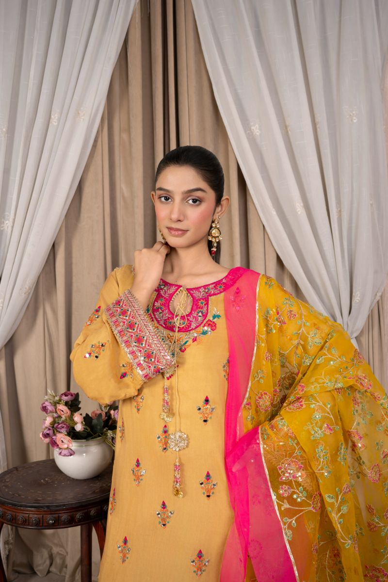 Reema Ahsan - Faiza - Viscose & Organza - Mustard - 3 Piece