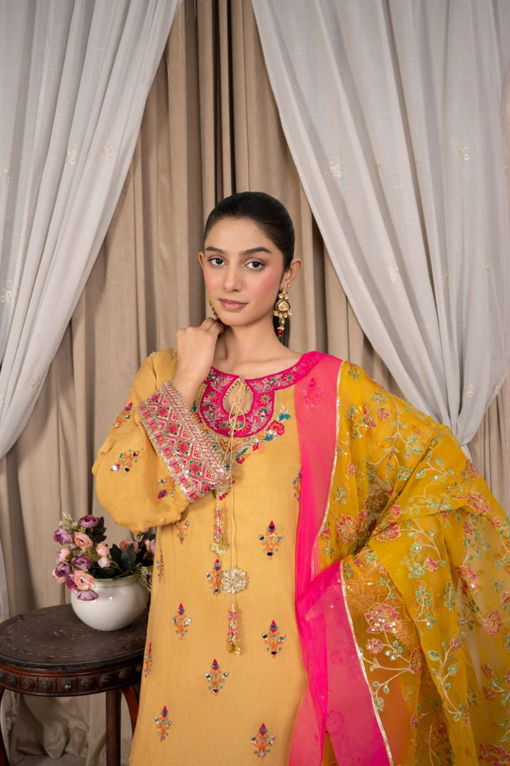 Reema Ahsan - Faiza - Viscose & Organza - Mustard - 3 Piece