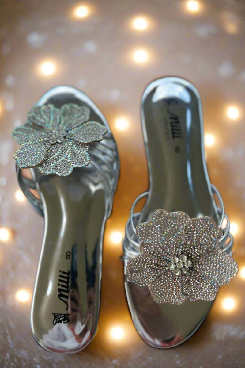 MILLI SHOES - Fancy Floral Slides - Silver - Slides