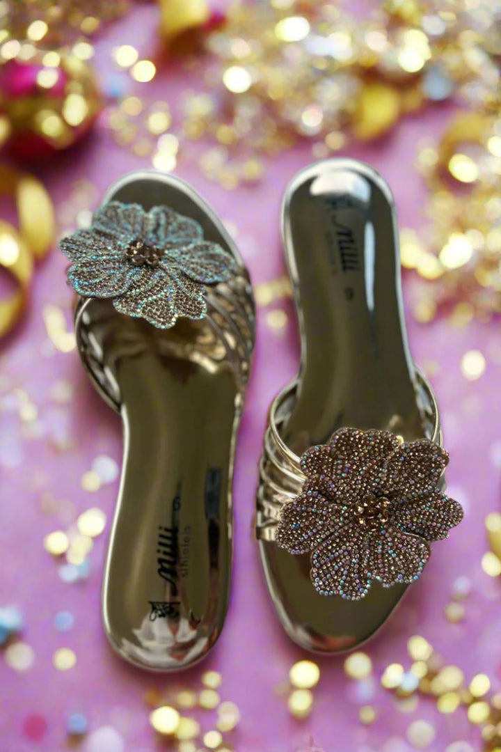 MILLI SHOES - Fancy Floral Slides - Golden - Slides