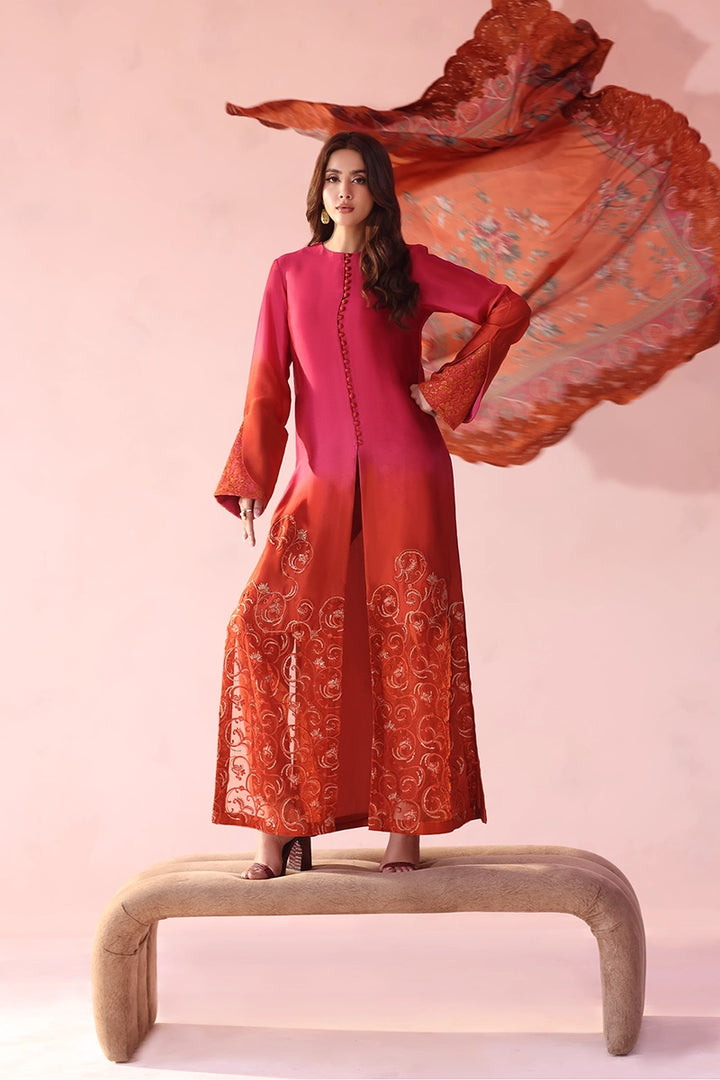 Musferah Saad - Fiery Bloom - Tissue & Printed Silk - 3 Piece