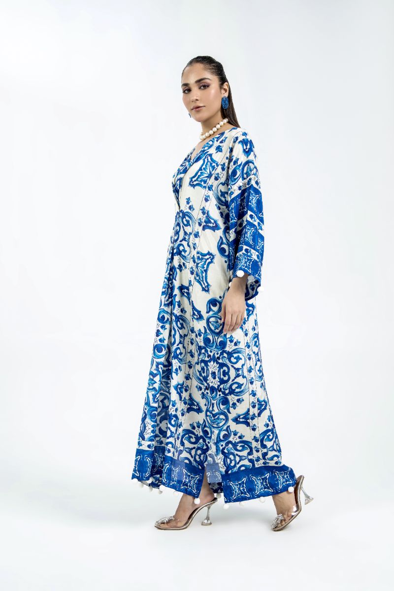 Laleen - Frosted Blue Raw Silk Kaftan For Women - Blue and White - 2 Piece