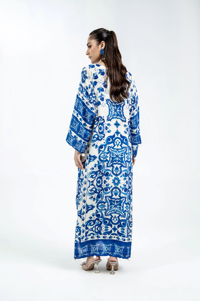 Laleen - Frosted Blue Raw Silk Kaftan For Women - Blue and White - 2 Piece