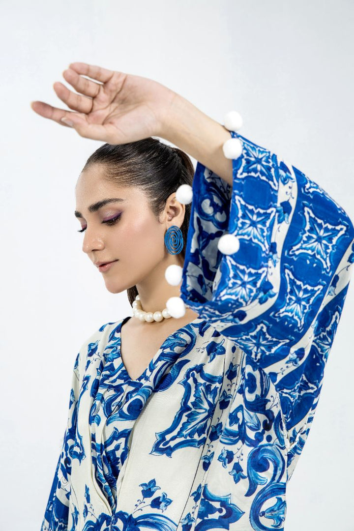 Laleen - Frosted Blue Raw Silk Kaftan For Women - Blue and White - 2 Piece