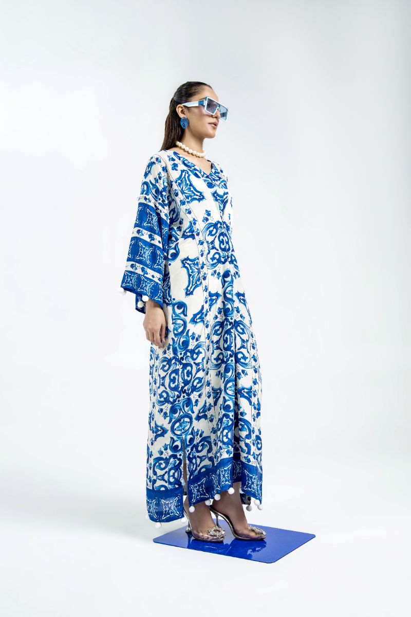 Laleen - Frosted Blue Raw Silk Kaftan For Women - Blue and White - 2 Piece