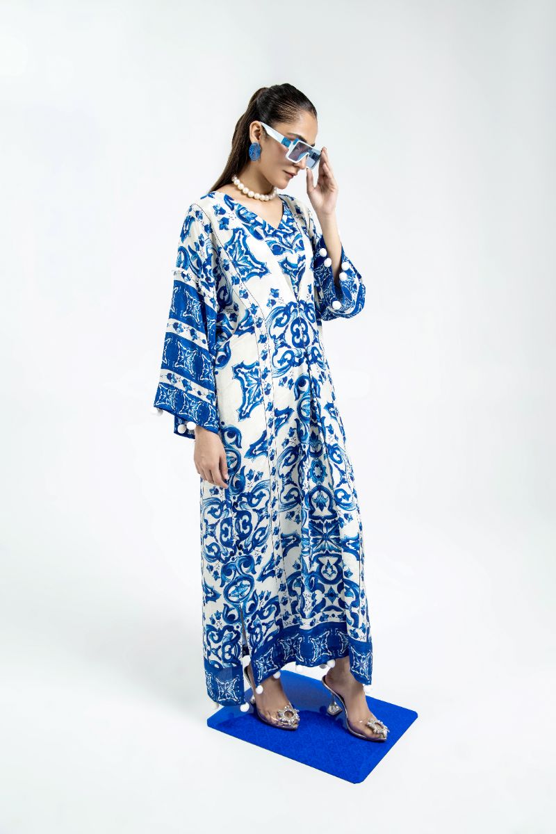 Laleen - Frosted Blue Raw Silk Kaftan For Women - Blue and White - 2 Piece