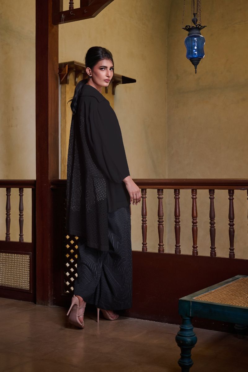 Gulabo - IVORY NOIR SHIRT - Blended Crepe & Cotton Embroidered - Black - 1 Piece