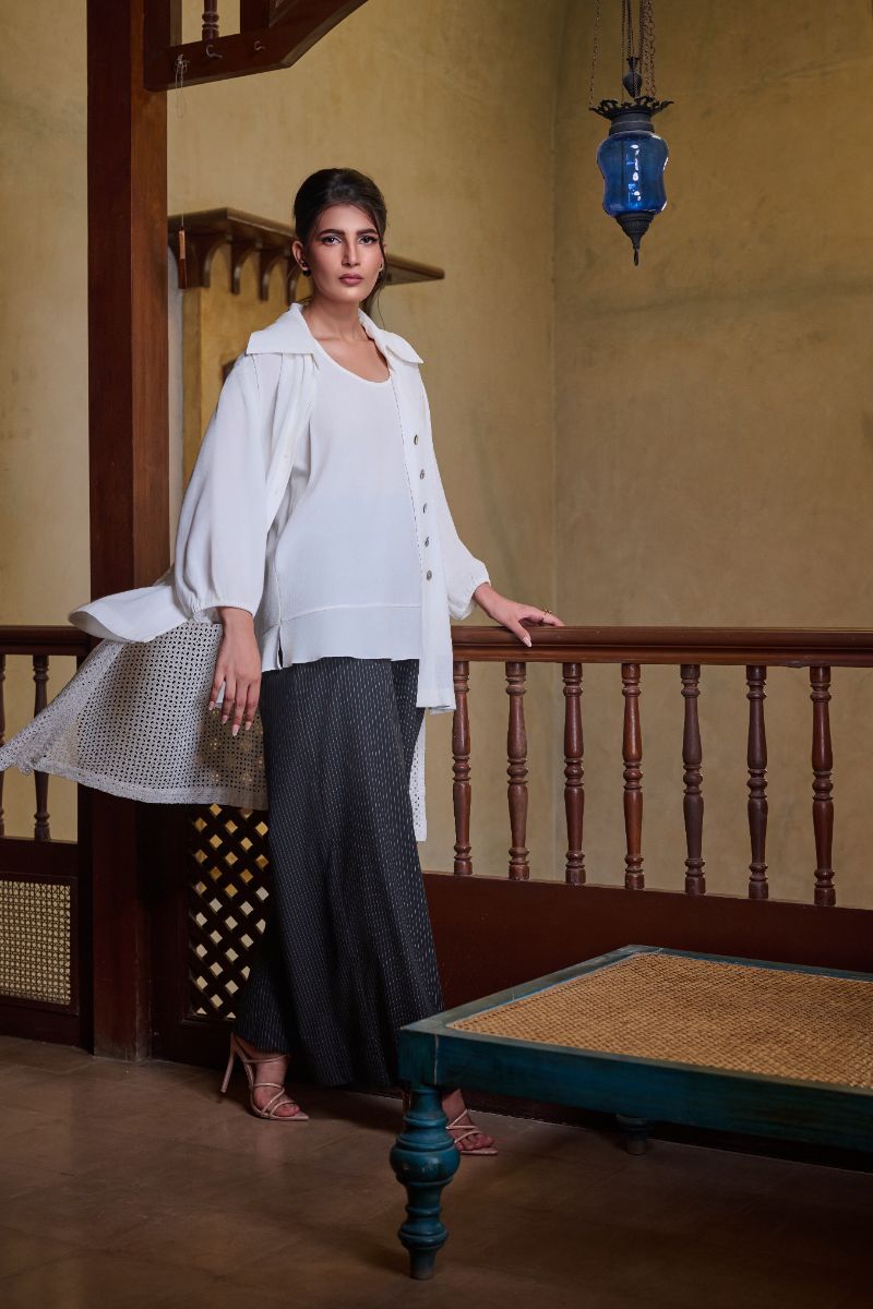 Gulabo - EYELET IVORY SHIRT - Blended Crepe & Cotton Embroidered - White - 1 Piece