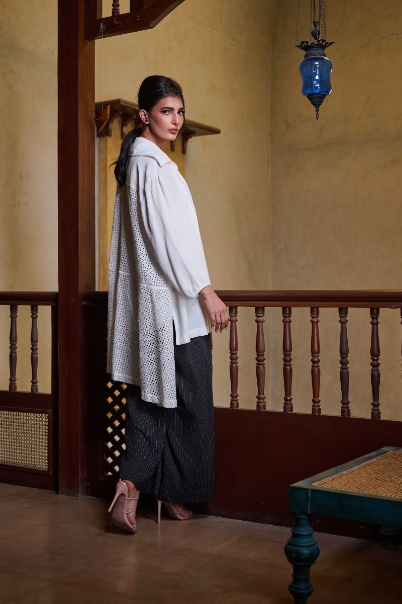 Gulabo - EYELET IVORY SHIRT - Blended Crepe & Cotton Embroidered - White - 1 Piece