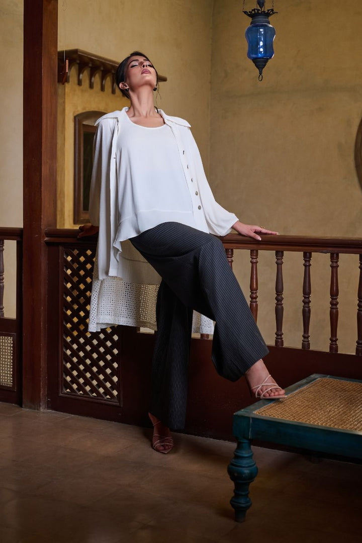 Gulabo - EYELET IVORY SHIRT - Blended Crepe & Cotton Embroidered - White - 1 Piece