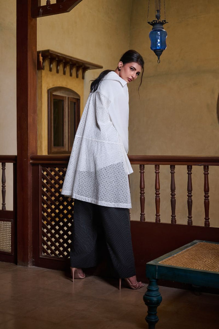 Gulabo - EYELET IVORY SHIRT - Blended Crepe & Cotton Embroidered - White - 1 Piece