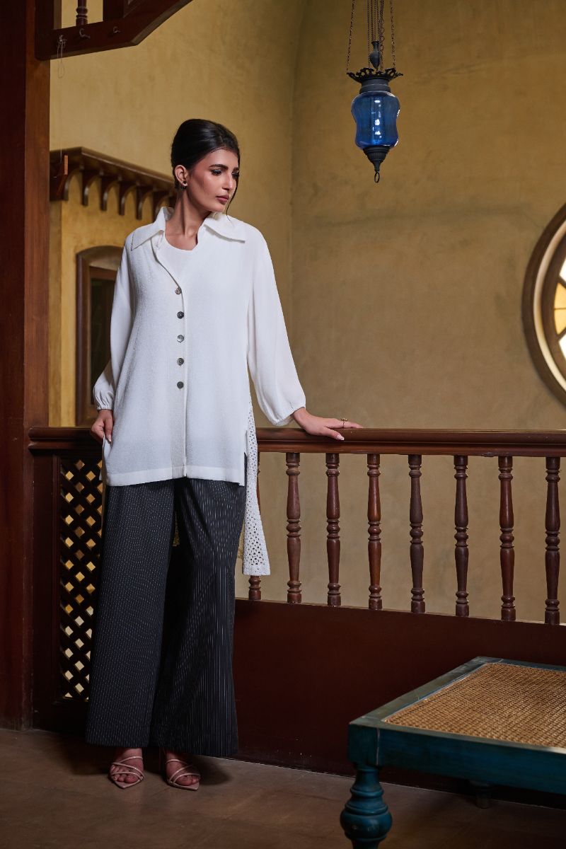 Gulabo - EYELET IVORY SHIRT - Blended Crepe & Cotton Embroidered - White - 1 Piece