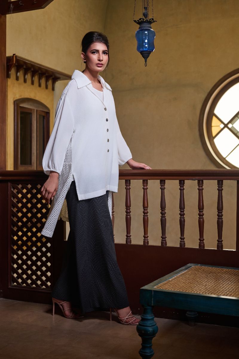 Gulabo - EYELET IVORY SHIRT - Blended Crepe & Cotton Embroidered - White - 1 Piece