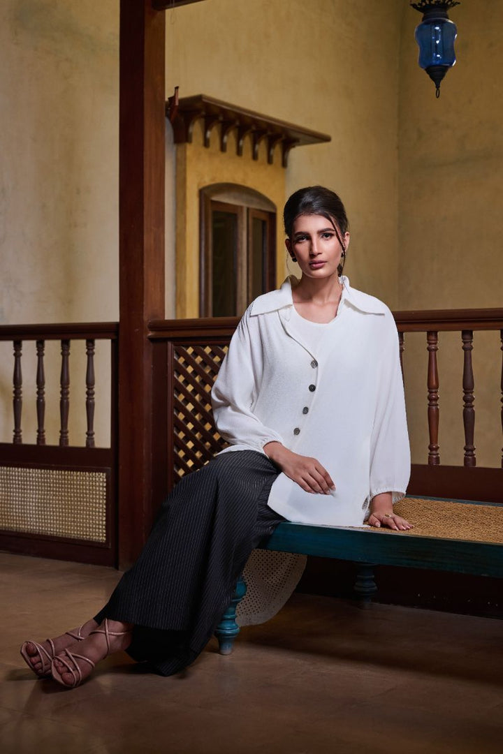 Gulabo - EYELET IVORY SHIRT - Blended Crepe & Cotton Embroidered - White - 1 Piece