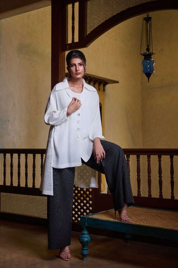 Gulabo - EYELET IVORY SHIRT - Blended Crepe & Cotton Embroidered - White - 1 Piece