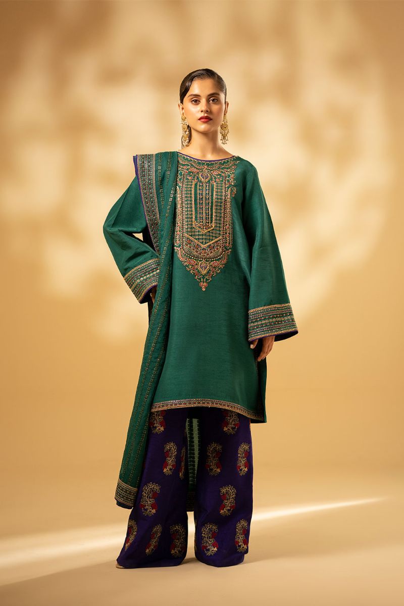 Fozia Khalid - Emerald Craftsmanship - Silk - Green - 3 Piece