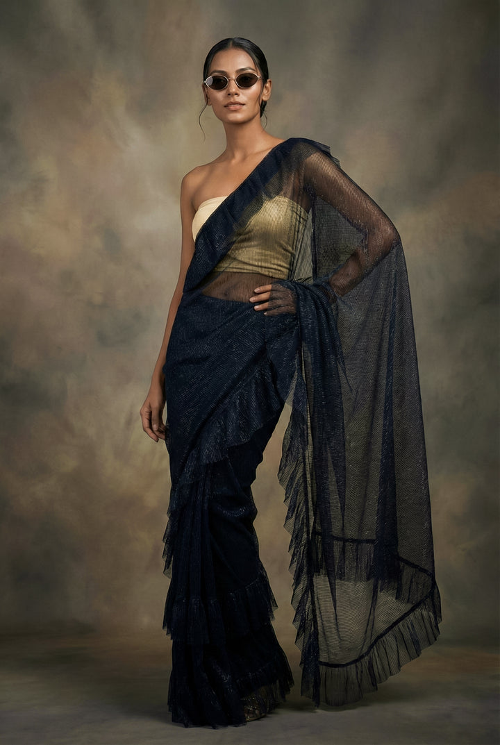 Maheen Khan - Seraphine Jersey Net Sari For Women - Black - 1 Piece