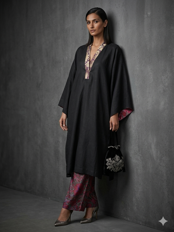 Gulabo - Cotton Irish Celtic Tunic Kaftan For Women - Black + Multi - 1 Piece