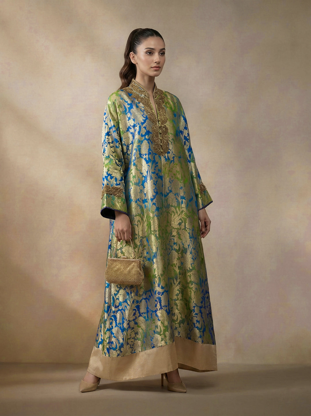 Maheen Khan - Pure Silk Aurelia Royale Kaftan For Women - Blue Green - 2 Piece - Studio by TCS