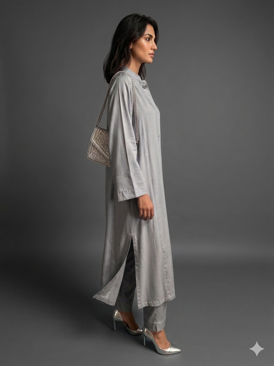 Gulabo - Blended Satin Moonflower Co-Ord For Women - Silver Grey - 2 Piece - Studio by TCS