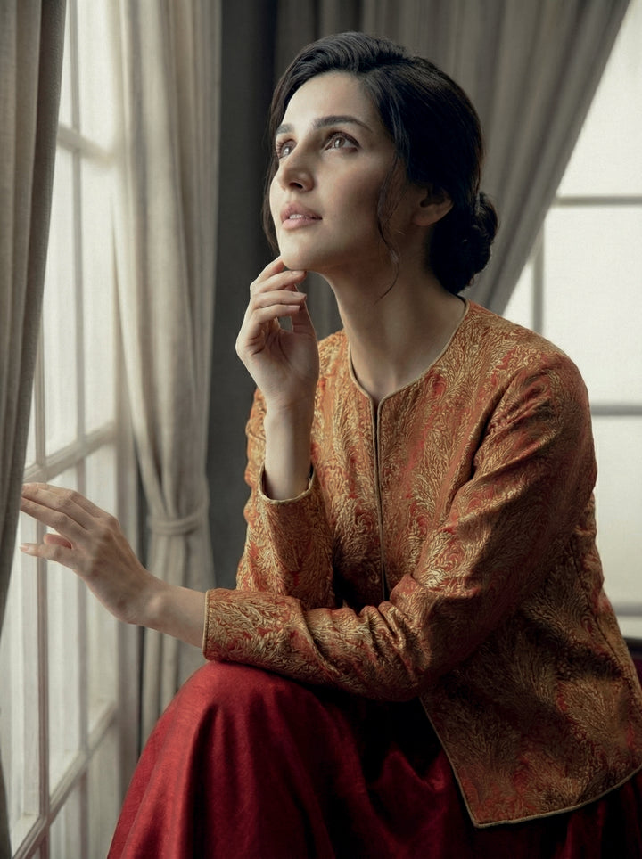 Maheen Khan - Pure Silk Shahi Jacket For Women - Maroon + Red - 1 Piece - Studio by TCS
