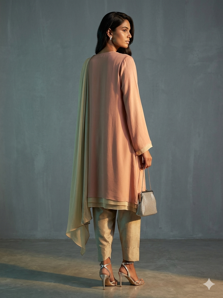 Gulabo - Chiffon + Satin Blush Cascade Set For Women - Muted Coral - 3 Piece - Studio by TCS