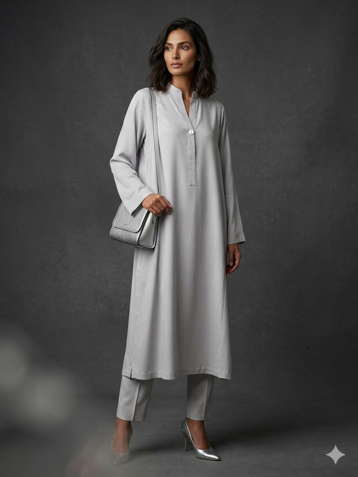 Gulabo - Blended Satin Moonflower Co-Ord For Women - Silver Grey - 2 Piece - Studio by TCS