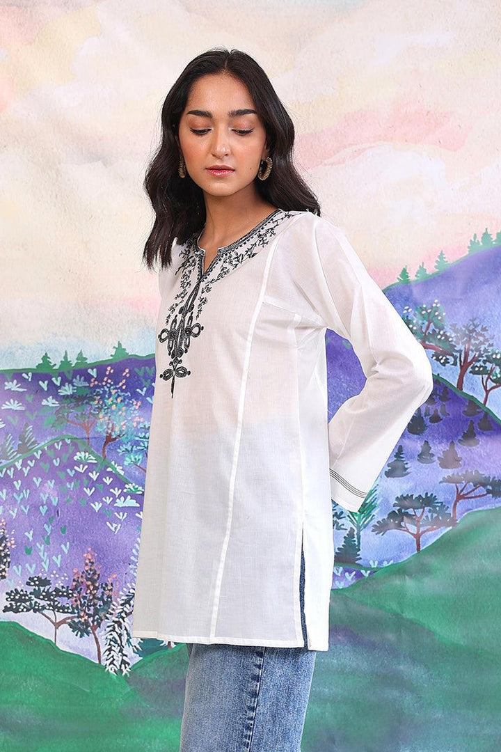 Generation - Gul Meena Monochromatic Kurti - White Black - Lawn - 1 Piece
