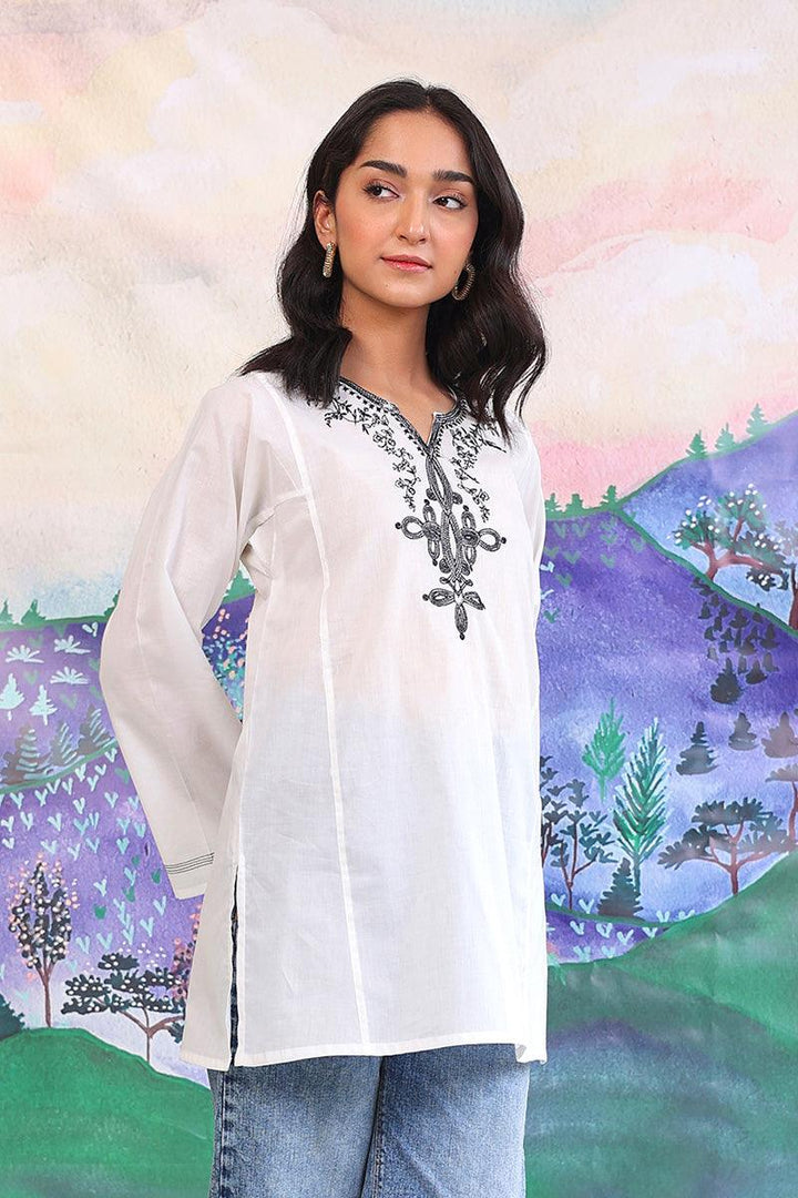 Generation - Gul Meena Monochromatic Kurti - White Black - Lawn - 1 Piece