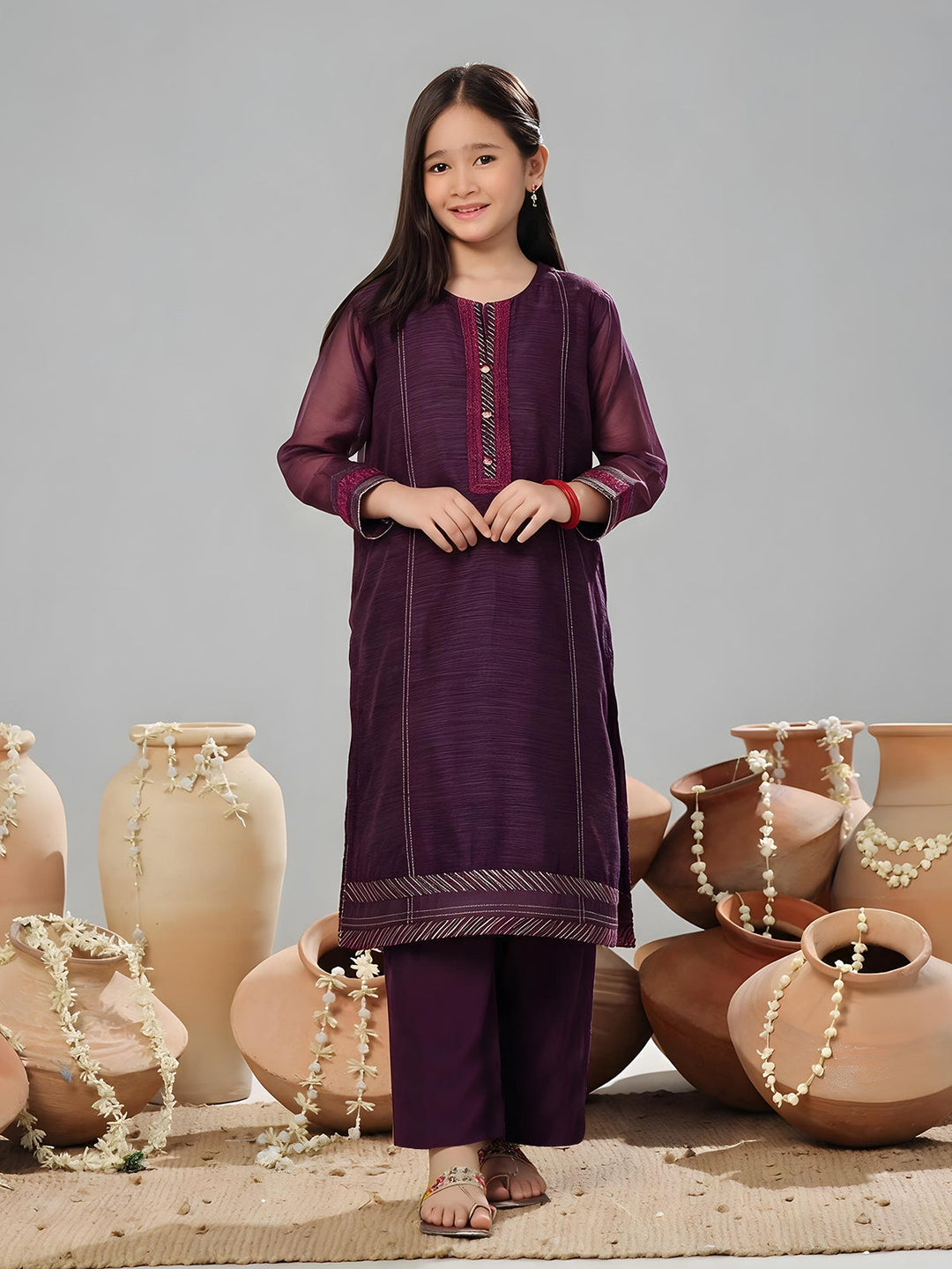 Oaks Embroidered Organza Co-ord set Purple 2 Piece