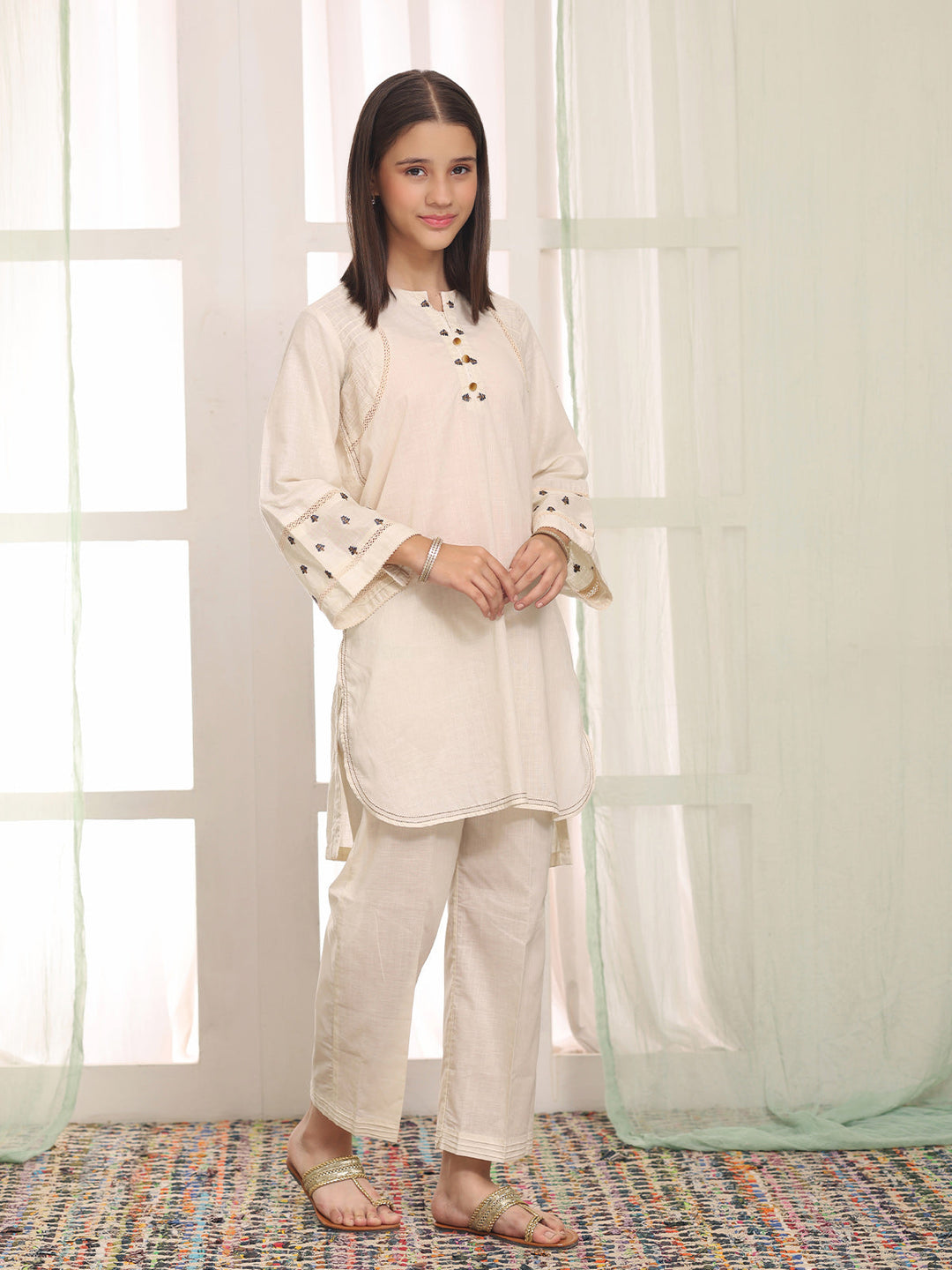 Oaks Embroidered Dyed Cambric Co-ord set Ivory / Cream 2 Piece
