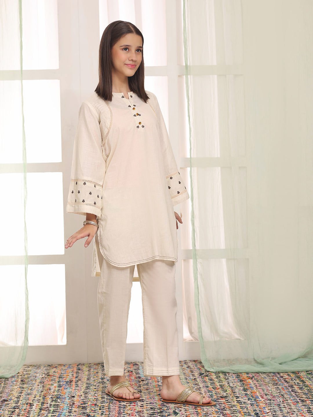 Oaks Embroidered Dyed Cambric Co-ord set Ivory / Cream 2 Piece