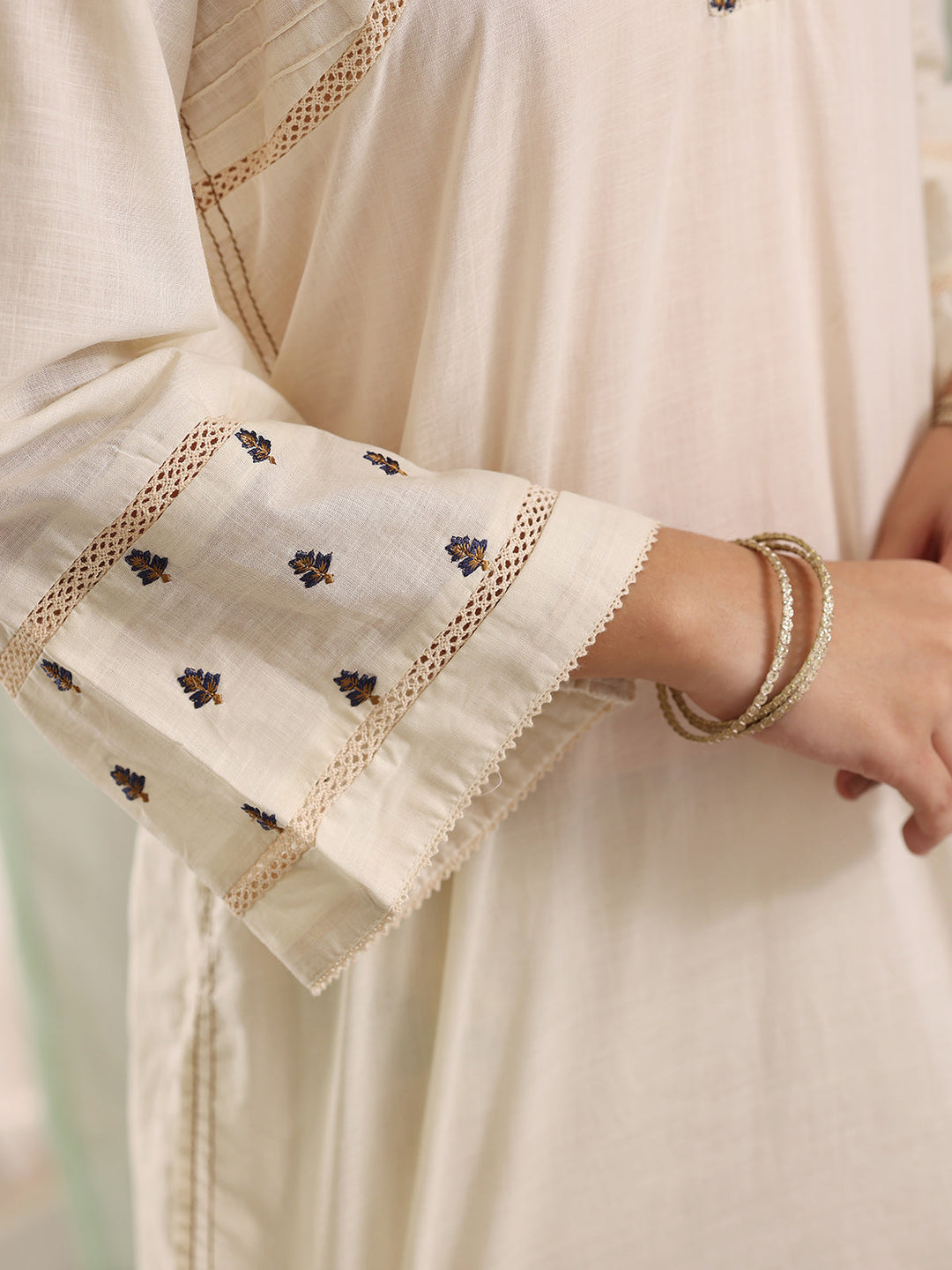 Oaks Embroidered Dyed Cambric Co-ord set Ivory / Cream 2 Piece