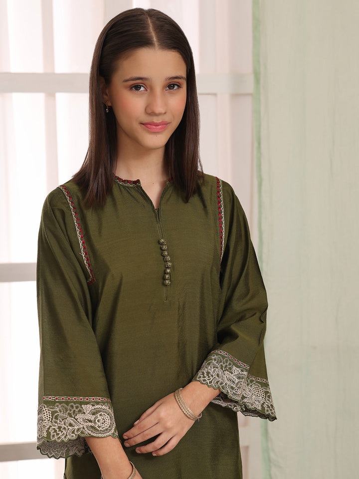 Oaks Embroidered Cotton Silk Co-ord set Green 2 Piece
