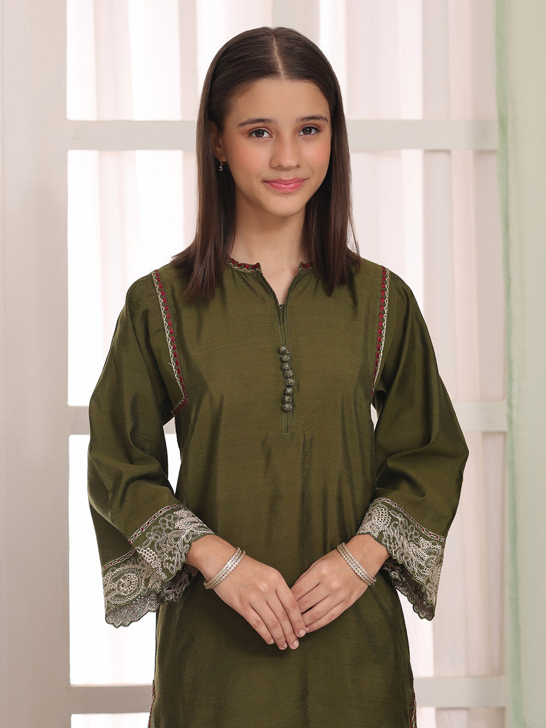 Oaks Embroidered Cotton Silk Co-ord set Green 2 Piece