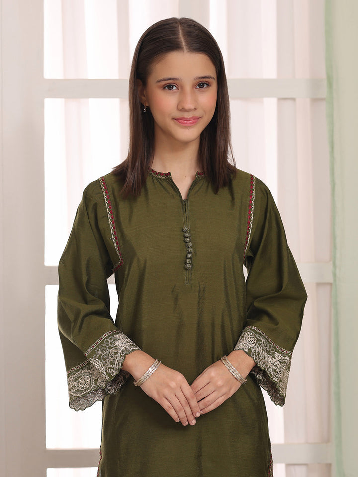 Oaks Embroidered Cotton Silk Co-ord set Green 2 Piece