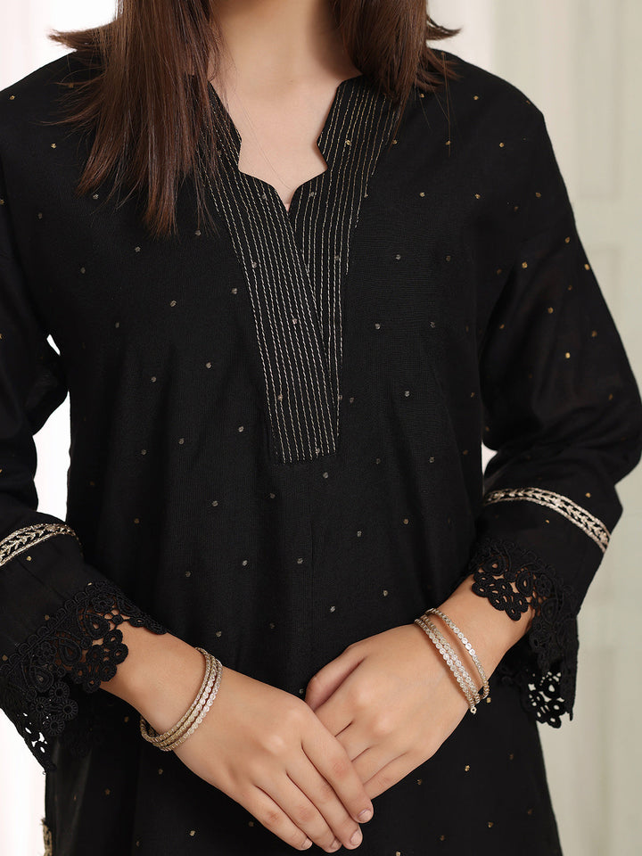 Oaks Embroidered Cotton Net Jacquard Co-ord set Black 2 Piece
