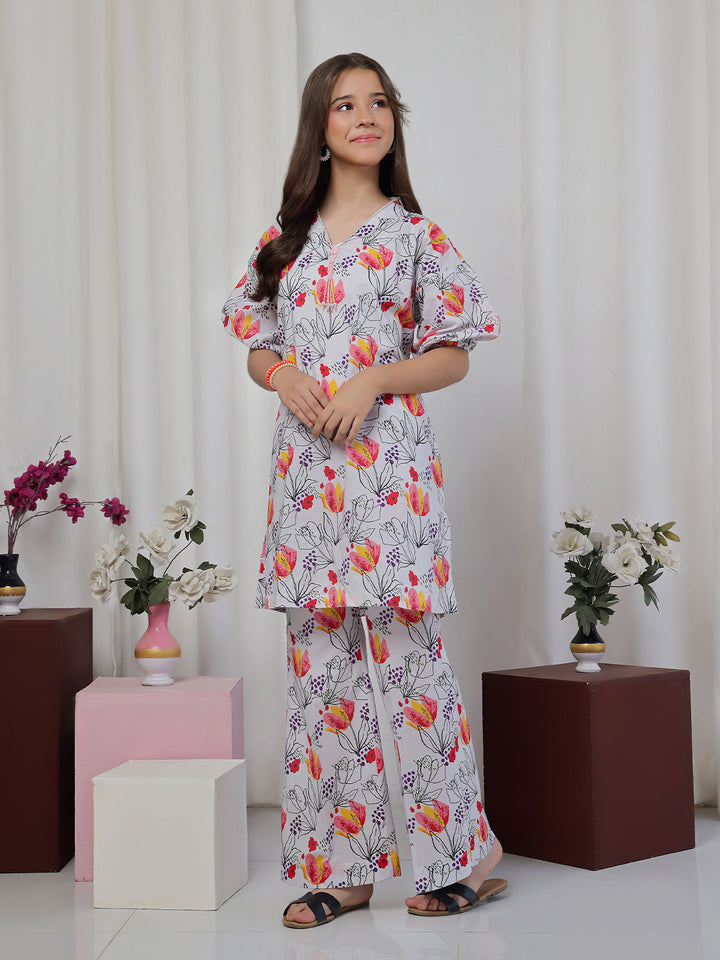 Oaks Printed Lawn Co-ord set White 2 Piece