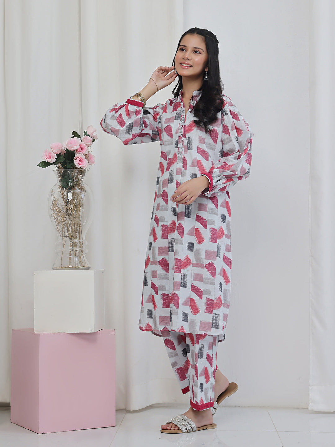 Oaks Printed Lawn Co-ord set White 2 Piece