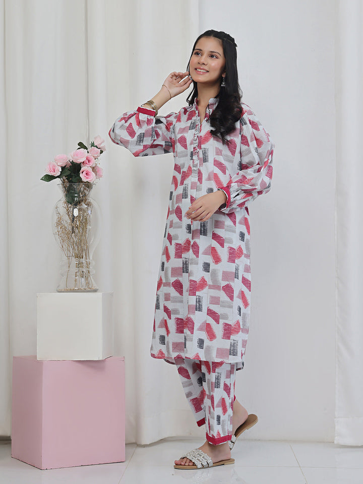 Oaks Printed Lawn Co-ord set White 2 Piece